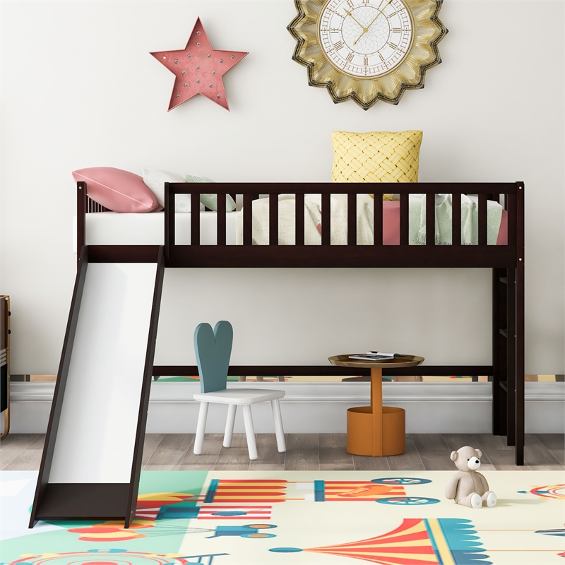 CRO Decor Twin Size Wood Low Loft Bed with Ladder and Slide (Espresso)