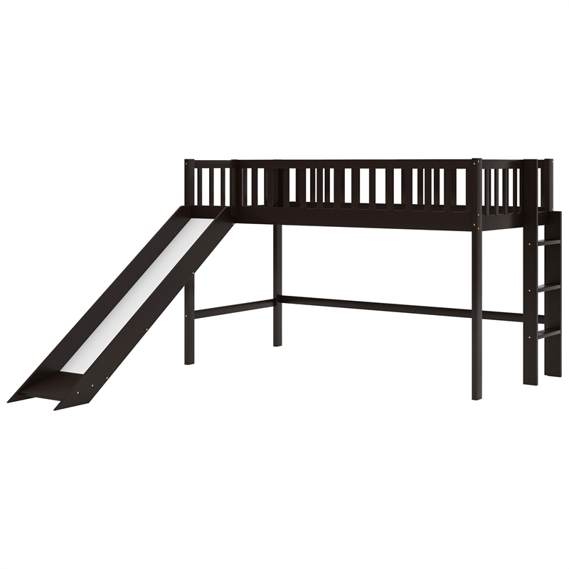CRO Decor Twin Size Wood Low Loft Bed with Ladder and Slide (Espresso)