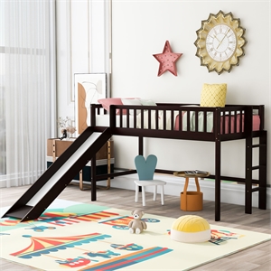 CRO Decor Twin Size Wood Low Loft Bed with Ladder and Slide (Espresso)
