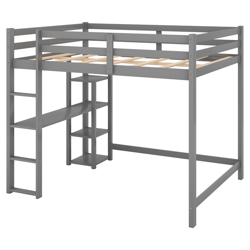 CRO Decor Full Size Wood Loft Bed with Built-in Desk and Shelves (Gray)