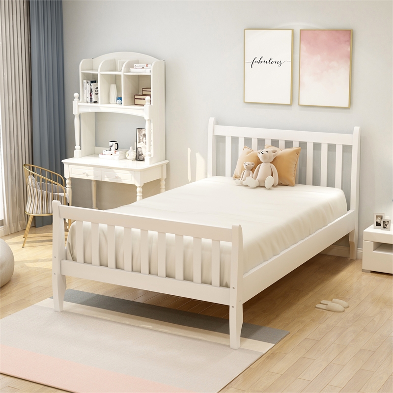 CRO Decor Platform Bed Frame with Wood Slat Support Twin (White)