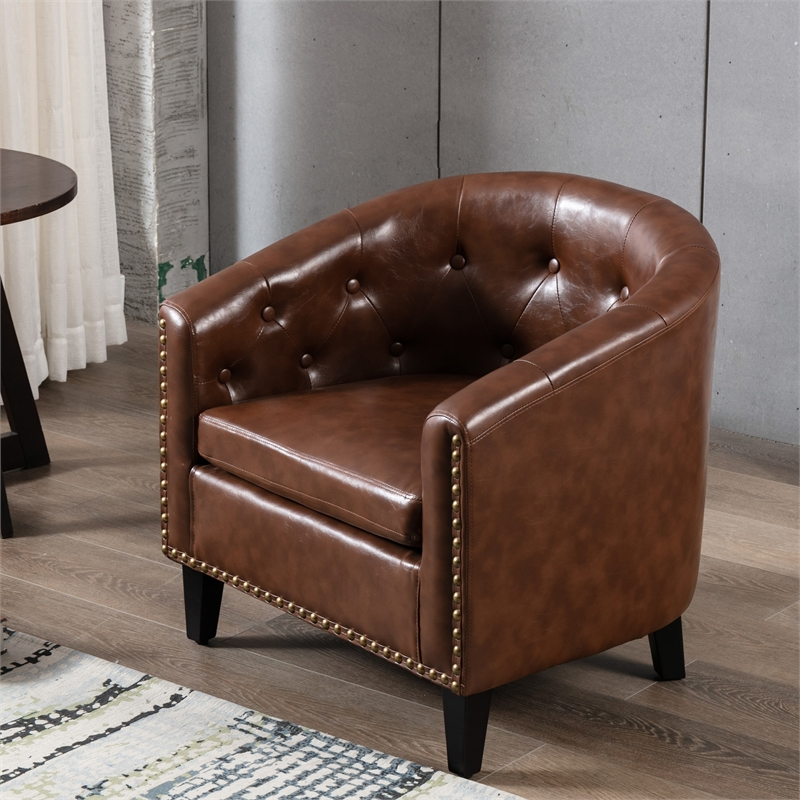CRO Decor PU Leather Tufted Barrel ChairTub Chair (Brown)