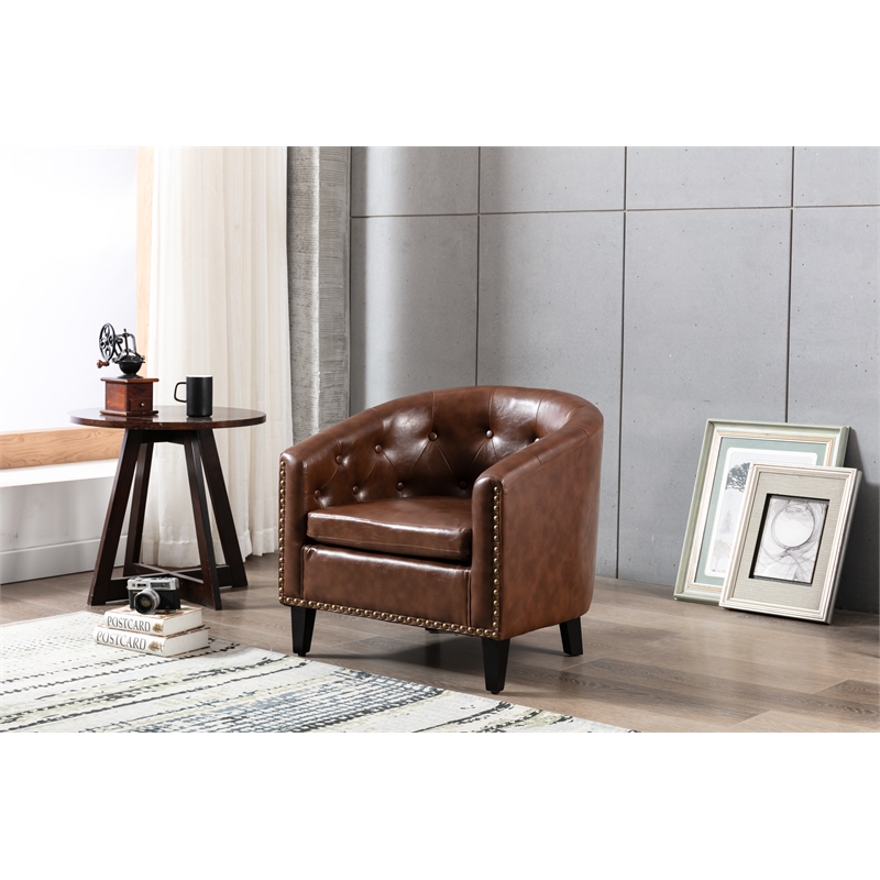 CRO Decor PU Leather Tufted Barrel ChairTub Chair (Brown)