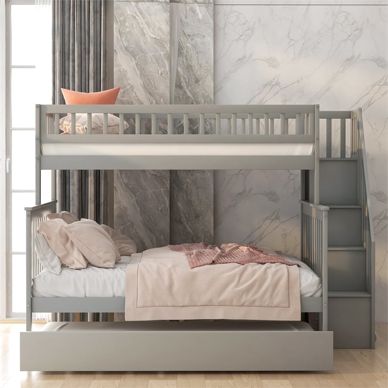 CRO Decor Twin over Full Bunk Bed Wood with Trundle and Staircase (Gray)