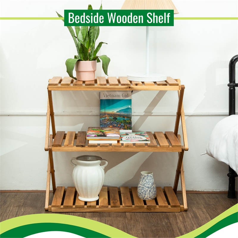 CRO Decor 3 Tiers Wooden Plants Stand Foldable Shoe Rack Multipurpose (Natural)