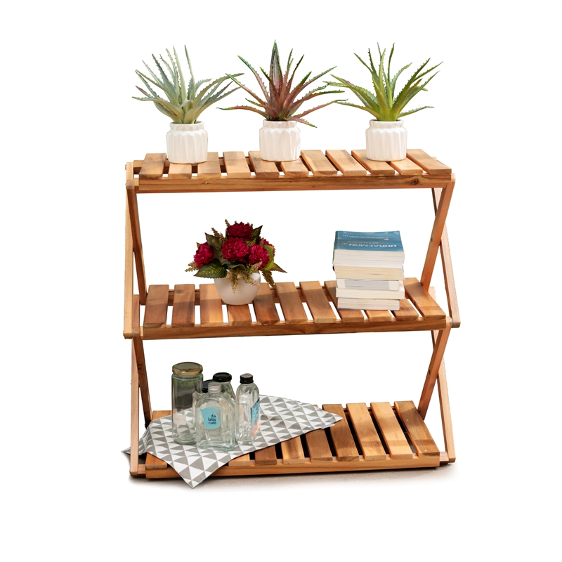 CRO Decor 3 Tiers Wooden Plants Stand Foldable Shoe Rack Multipurpose (Natural)
