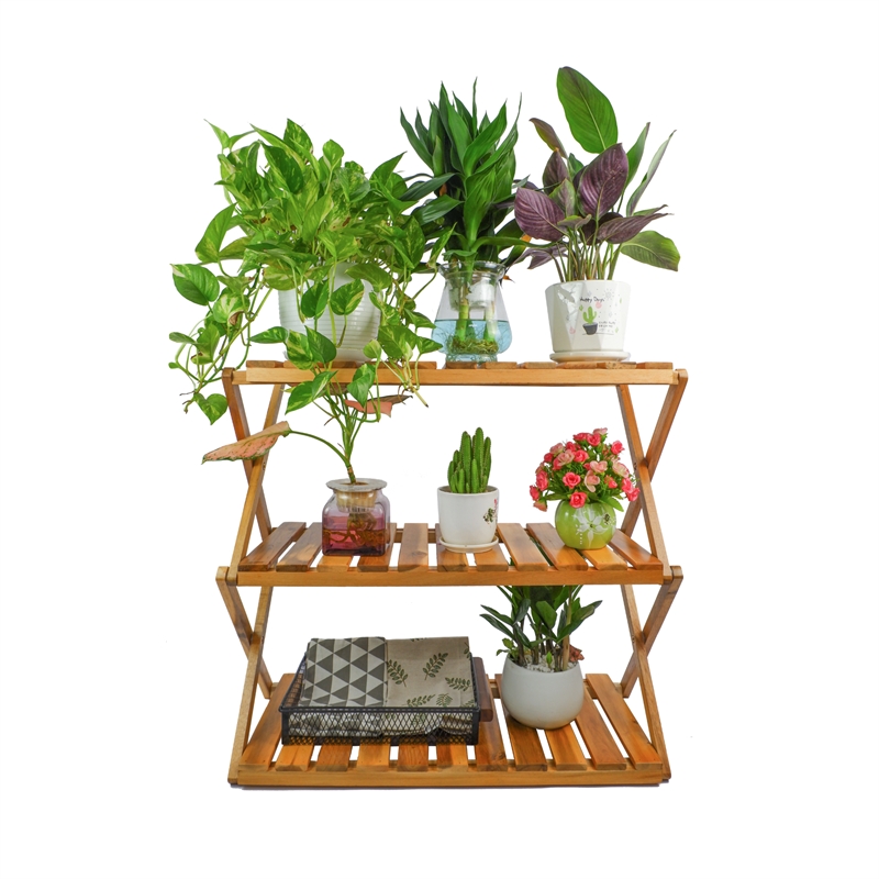 CRO Decor 3 Tiers Wooden Plants Stand Foldable Shoe Rack Multipurpose (Natural)