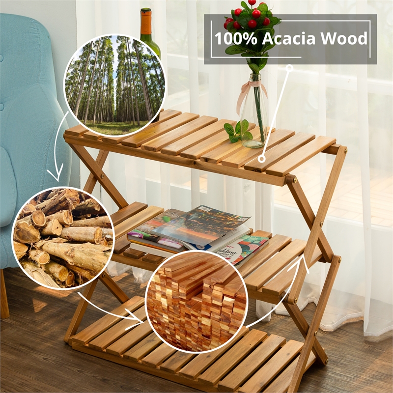CRO Decor 3 Tiers Wooden Plants Stand Foldable Shoe Rack Multipurpose (Natural)