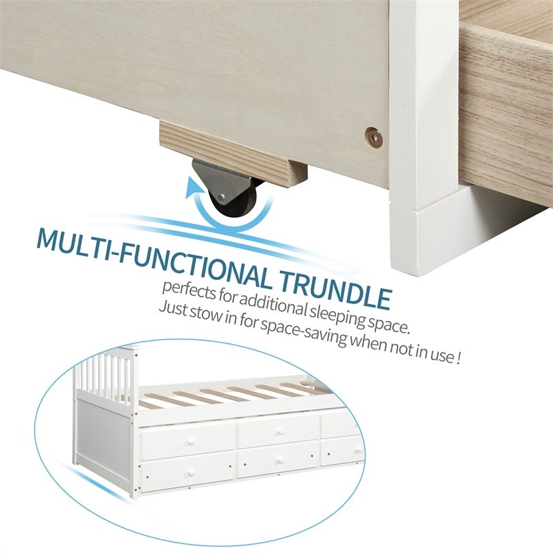 CRO Decor Captain's Bed Twin Daybed with Trundle Bed and Storage Drawers (White)