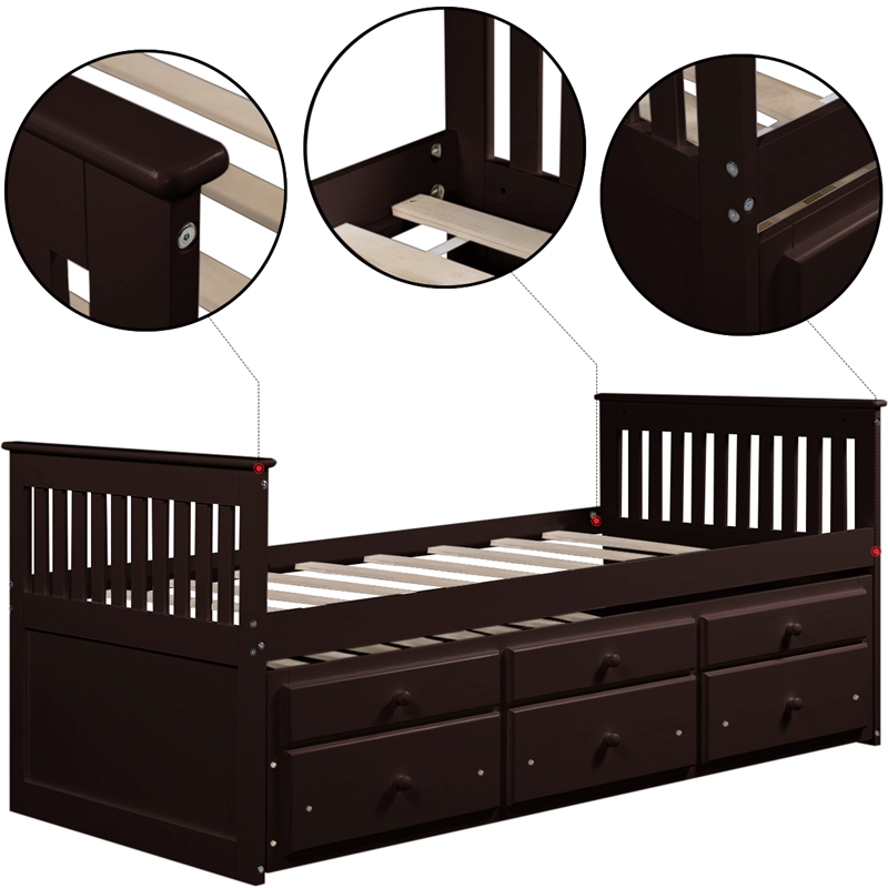 CRO Decor Captain's Bed Twin Daybed with Trundle Bed and Storage Drawer-Espresso
