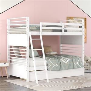 CRO Decor Twin over Twin Wood Bunk Bed with Two Drawers (White)