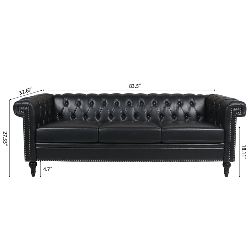 CRO Decor 83.5'' Traditional Square Arm Removable Cushion 3 Seater Sofa (Black)