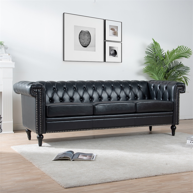 CRO Decor 83.5'' Traditional Square Arm Removable Cushion 3 Seater Sofa (Black)