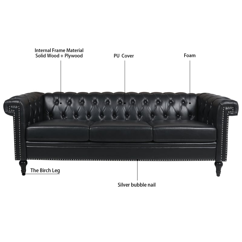 CRO Decor 83.5'' Traditional Square Arm Removable Cushion 3 Seater Sofa (Black)