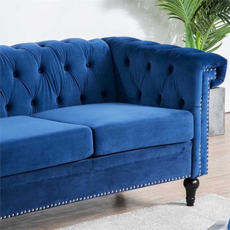 CRO Decor 83.5'' Traditional Square Arm Removable Cushion 3 Seater Sofa (Blue)