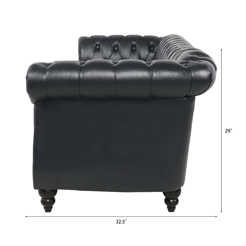 CRO Decor 84' BROWN PU Rolled Arm Chesterfield Three Seater Sofa-Black