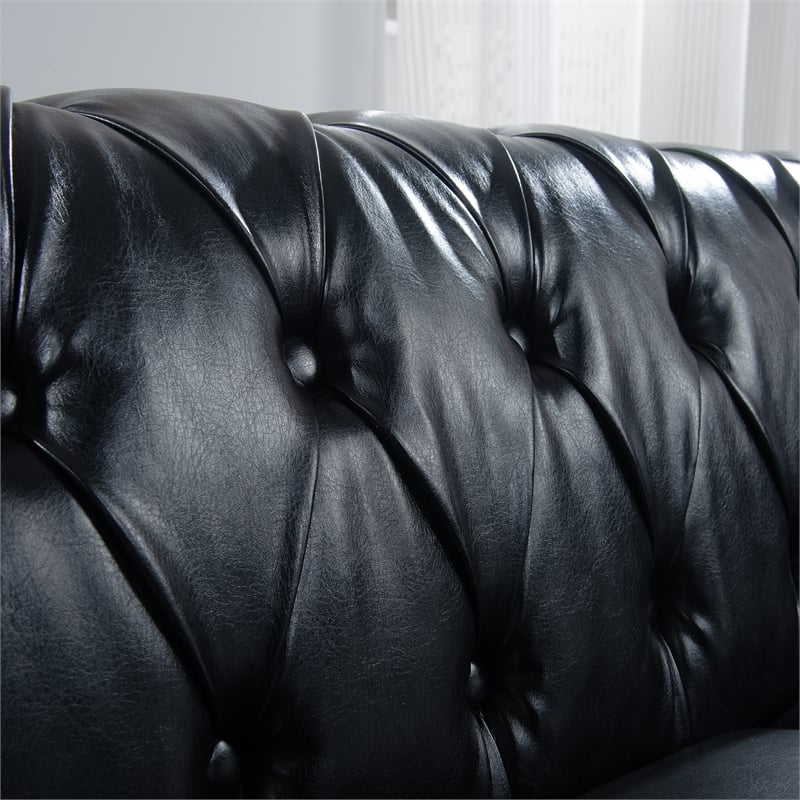 CRO Decor 84' BROWN PU Rolled Arm Chesterfield Three Seater Sofa-Black