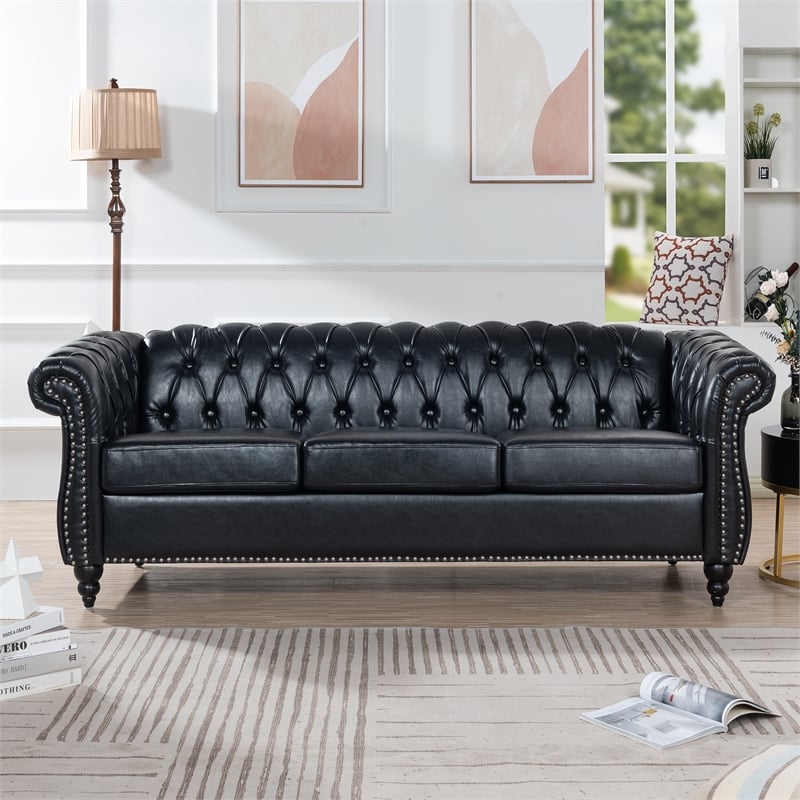 CRO Decor 84' BROWN PU Rolled Arm Chesterfield Three Seater Sofa-Black