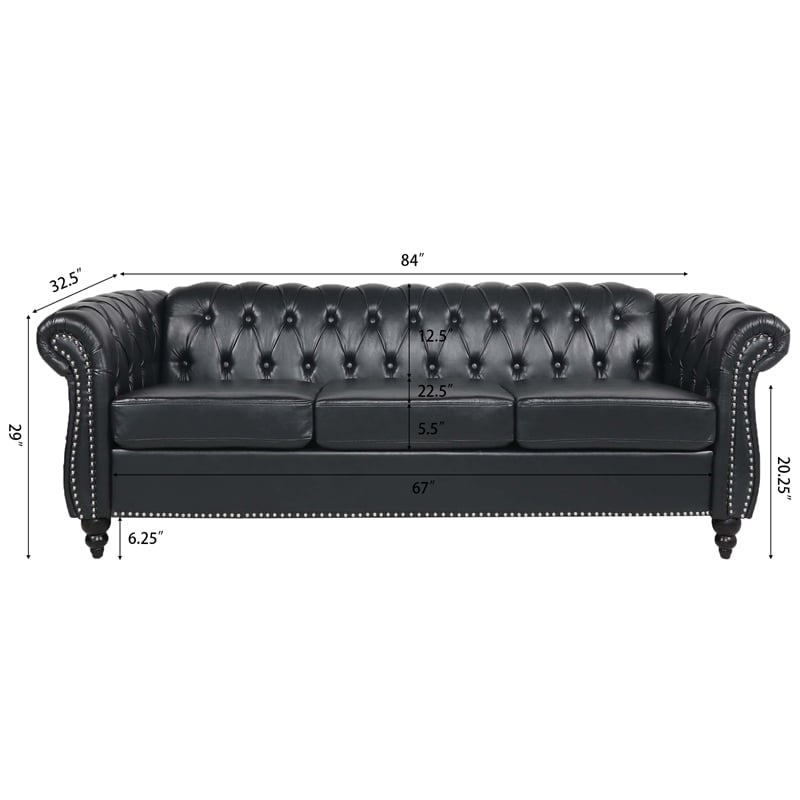 CRO Decor 84' BROWN PU Rolled Arm Chesterfield Three Seater Sofa-Black