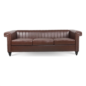 CRO Decor 83.5&quotW Modern Square Arm PU 3 Seater Leather Sofa in Dark Brown