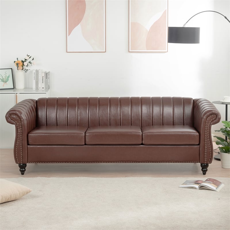 CRO Decor 84''W Rolled Arm Chesterfield Three Seater Leather Sofa in Dark Brown