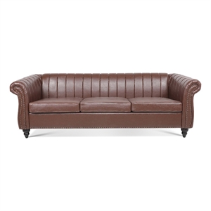 CRO Decor 84''W Rolled Arm Chesterfield Three Seater Leather Sofa in Dark Brown