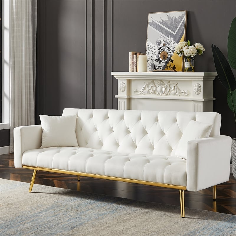 CRO Decor Convertible Folding Futon Velvet Sofa Bed in Cream White