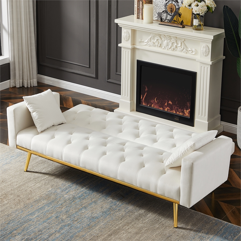 CRO Decor Convertible Folding Futon Velvet Sofa Bed in Cream White