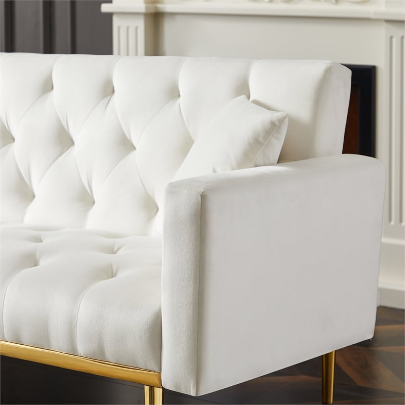 CRO Decor Convertible Folding Futon Velvet Sofa Bed in Cream White
