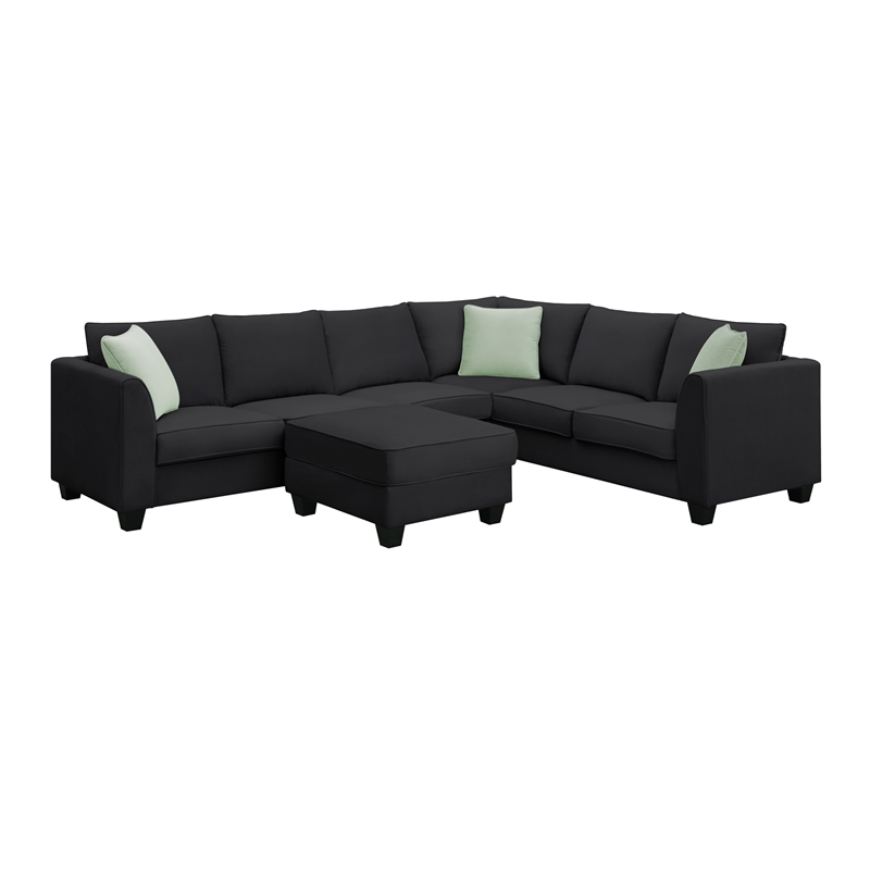 CRO Decor Sofa Sets 7 Seats L Shape with Ottoman Fabric with 3 Pillows (Black)