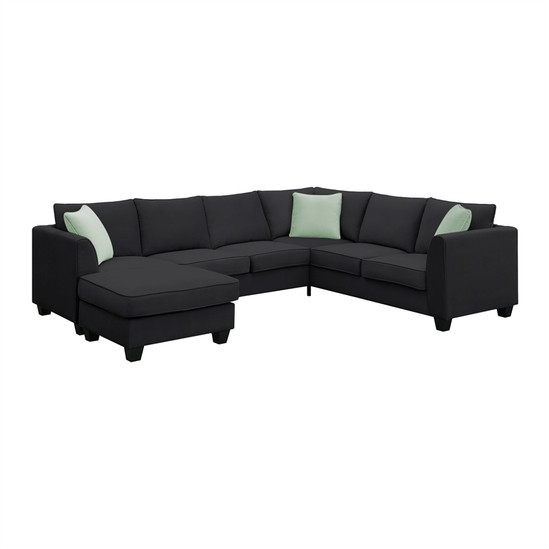 CRO Decor Sofa Sets 7 Seats L Shape with Ottoman Fabric with 3 Pillows (Black)
