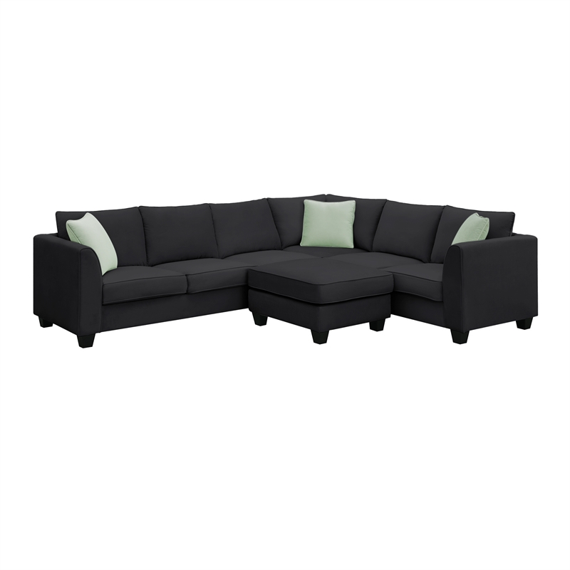 CRO Decor Sofa Sets 7 Seats L Shape with Ottoman Fabric with 3 Pillows (Black)