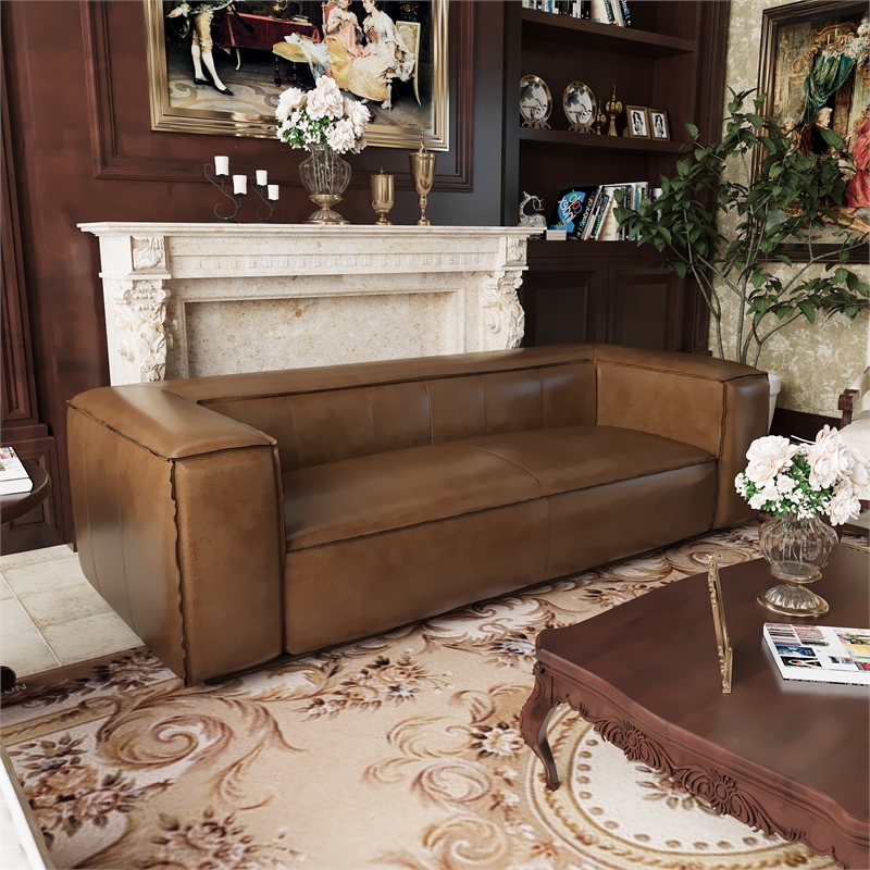 CRO Decor Vanessa Full Aniline Genuine Leather Stationary Sofa (Brown)