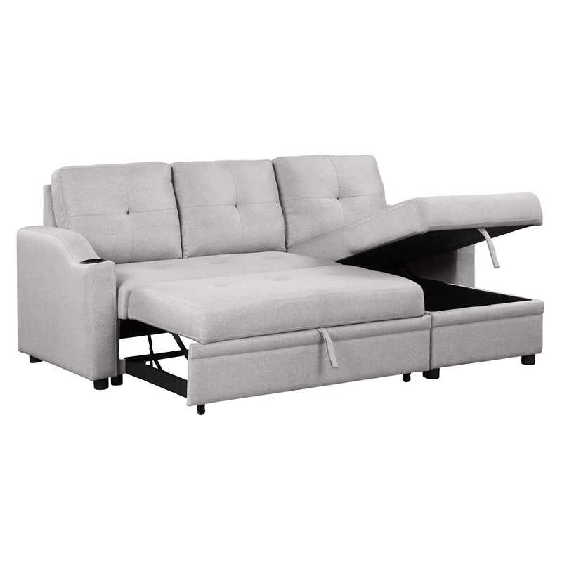 CRO Decor pull-out sofa bed 3 seater with storage chaise longue and cup holder
