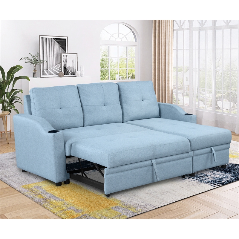 CRO Decor Blue Pull Out Sofa Bed 3 Seater with Storage Recliner and Cup Holder