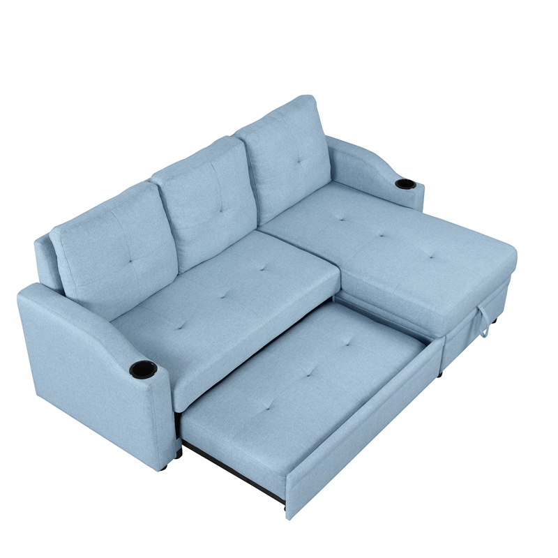 CRO Decor Blue Pull Out Sofa Bed 3 Seater with Storage Recliner and Cup Holder