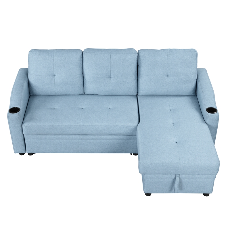 CRO Decor Blue Pull Out Sofa Bed 3 Seater with Storage Recliner and Cup Holder