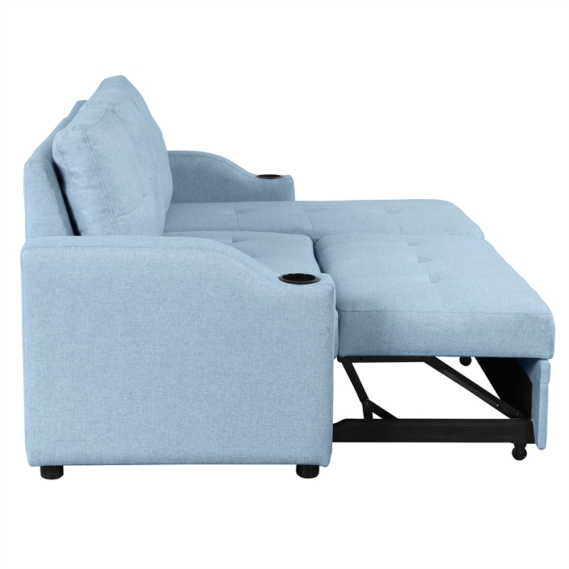 CRO Decor Blue Pull Out Sofa Bed 3 Seater with Storage Recliner and Cup Holder