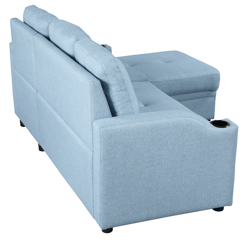 CRO Decor Blue Pull Out Sofa Bed 3 Seater with Storage Recliner and Cup Holder