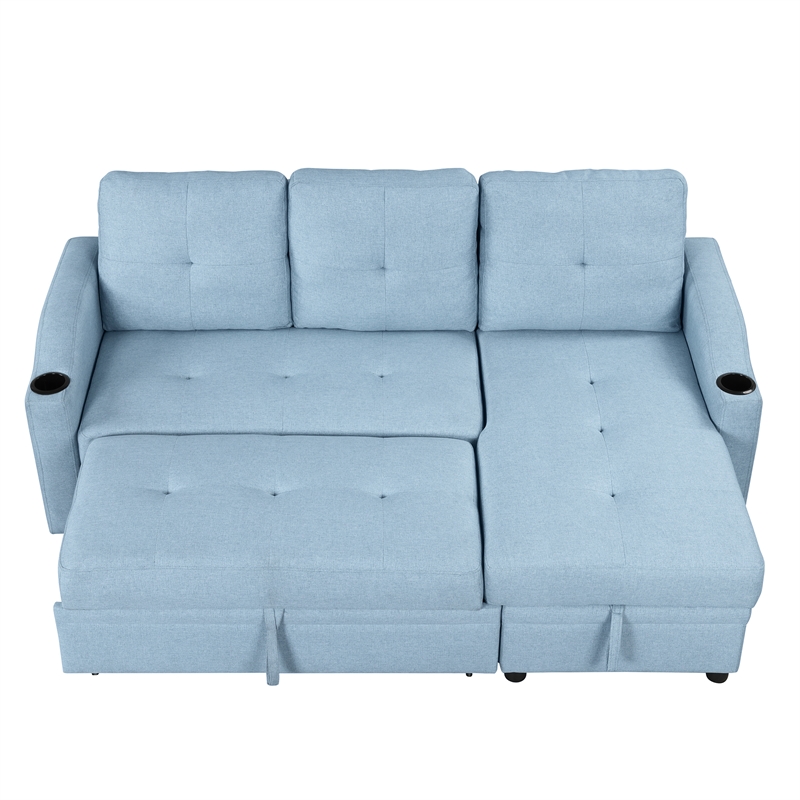 CRO Decor Blue Pull Out Sofa Bed 3 Seater with Storage Recliner and Cup Holder