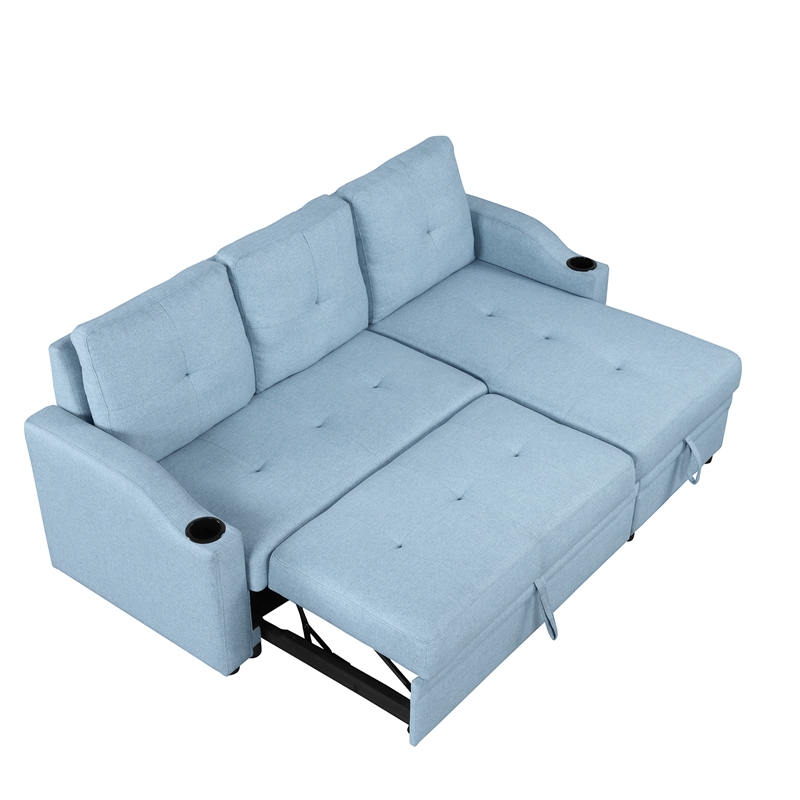 CRO Decor Blue Pull Out Sofa Bed 3 Seater with Storage Recliner and Cup Holder