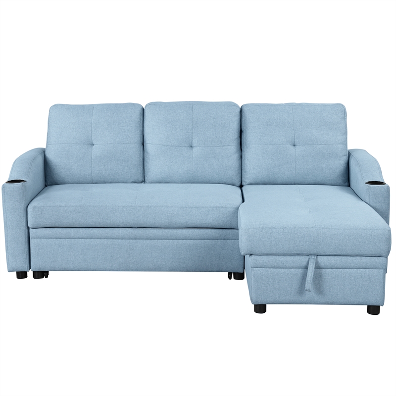 CRO Decor Blue Pull Out Sofa Bed 3 Seater with Storage Recliner and Cup Holder