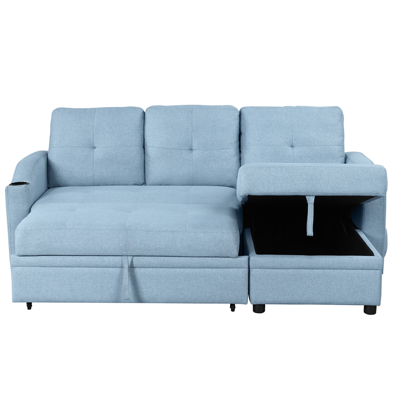 CRO Decor Blue Pull Out Sofa Bed 3 Seater with Storage Recliner and Cup Holder