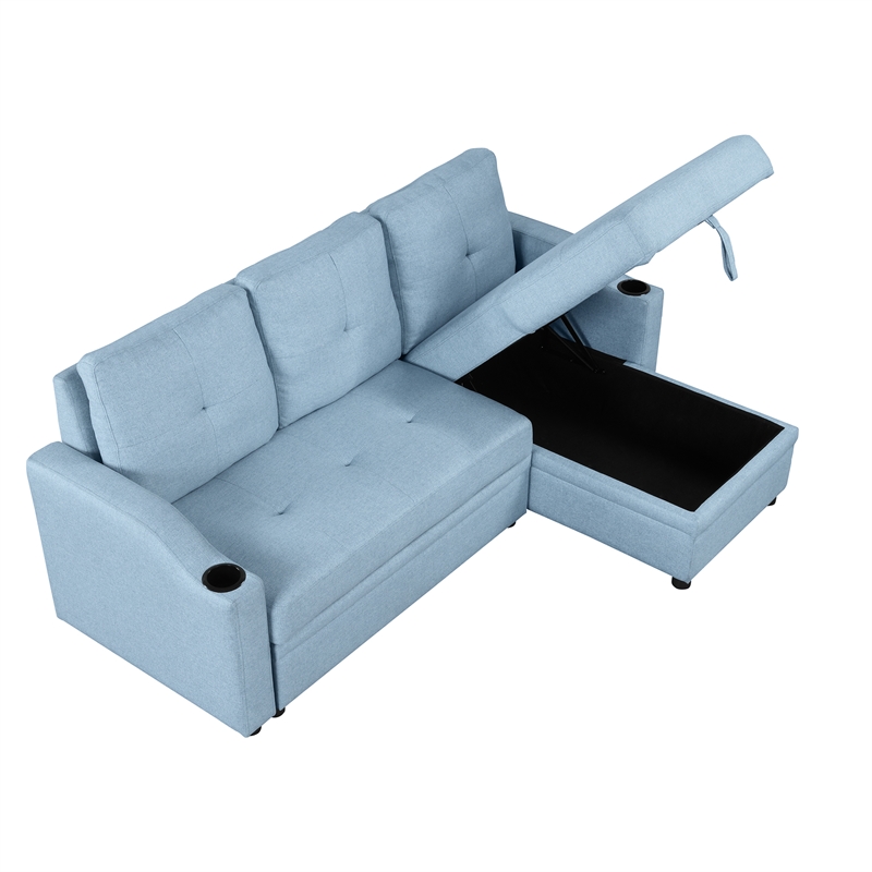 CRO Decor Blue Pull Out Sofa Bed 3 Seater with Storage Recliner and Cup Holder
