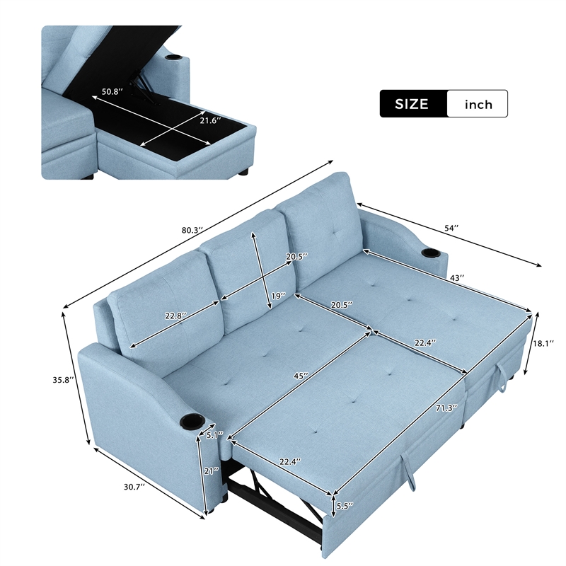CRO Decor Blue Pull Out Sofa Bed 3 Seater with Storage Recliner and Cup Holder