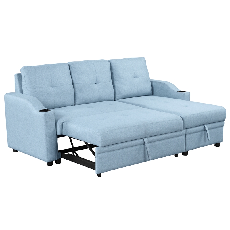 CRO Decor Blue Pull Out Sofa Bed 3 Seater with Storage Recliner and Cup Holder