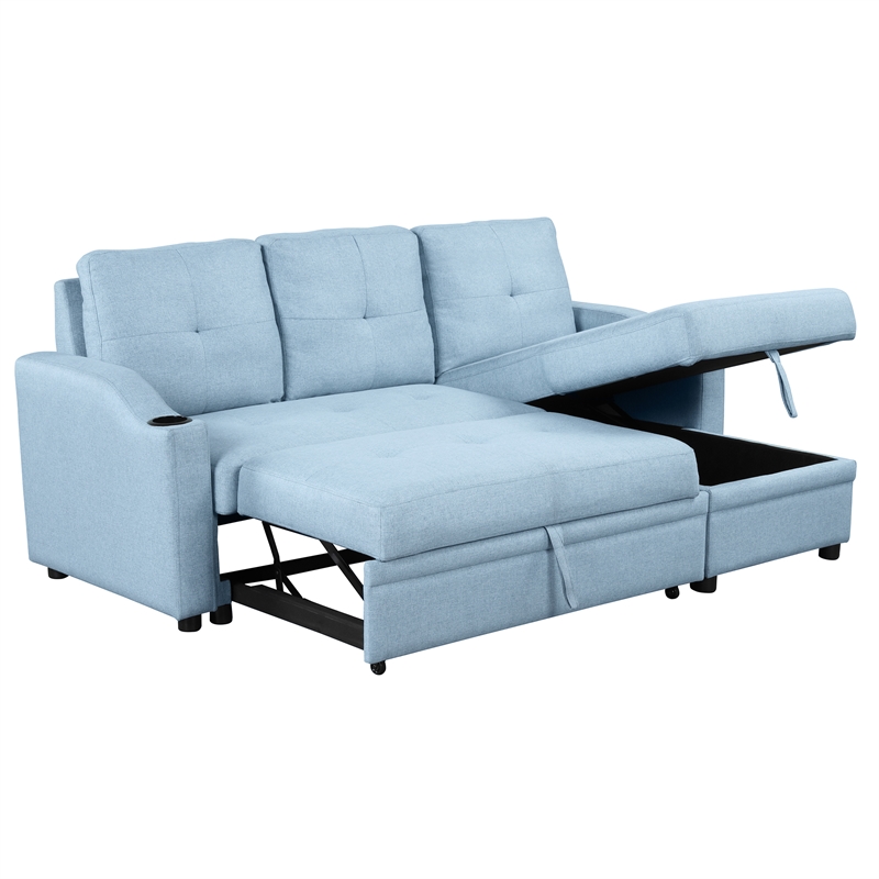 CRO Decor Blue Pull Out Sofa Bed 3 Seater with Storage Recliner and Cup Holder