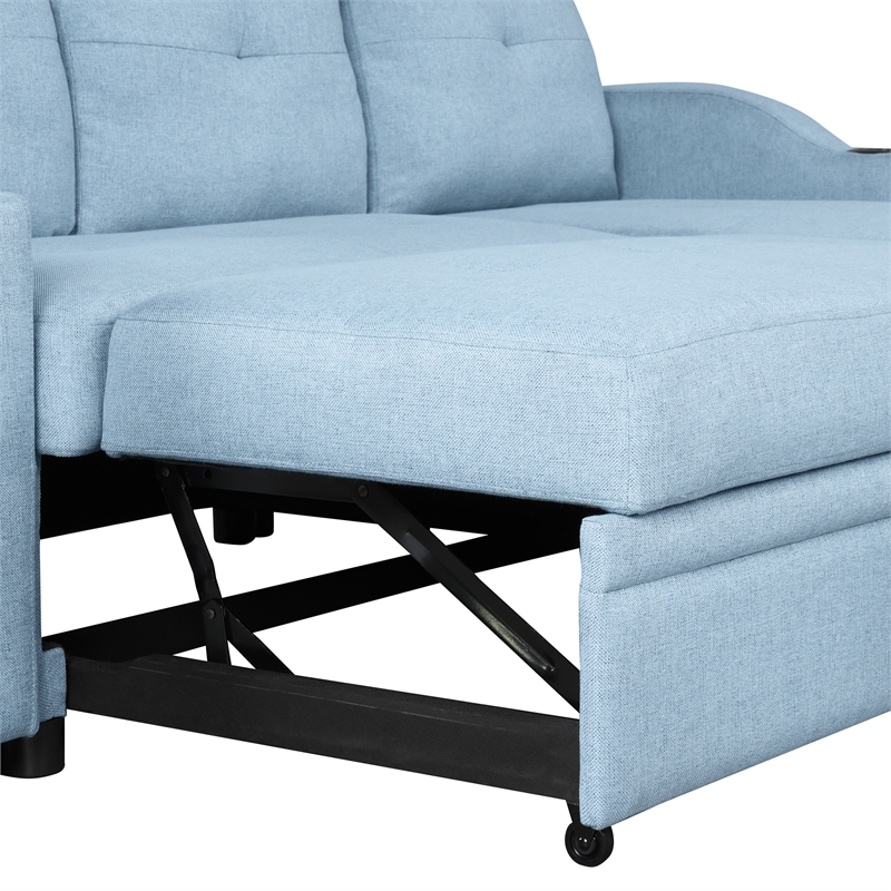 CRO Decor Blue Pull Out Sofa Bed 3 Seater with Storage Recliner and Cup Holder