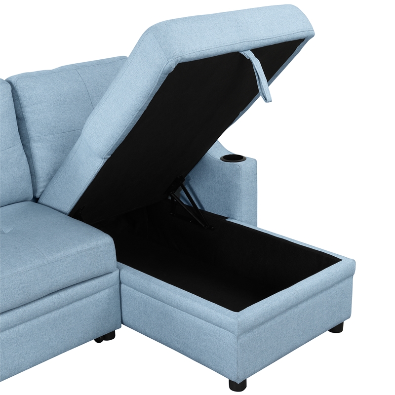 CRO Decor Blue Pull Out Sofa Bed 3 Seater with Storage Recliner and Cup Holder
