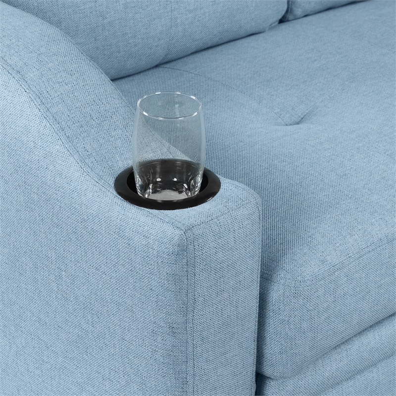 CRO Decor Blue Pull Out Sofa Bed 3 Seater with Storage Recliner and Cup Holder